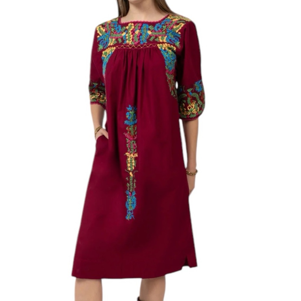 SISTER MARY womens midi floral embroidered dress 3/4 sleeve Size M NWT